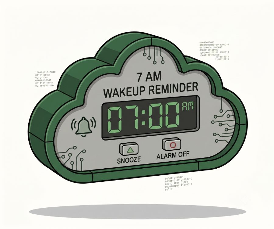 Cartoon cloud-shaped alarm clock showing a 7 AM wakeup reminder